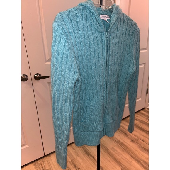 St. John's Bay Turquoise Cable-Knit Zip Hooded Cardigan Women's Size S - Picture 6 of 16